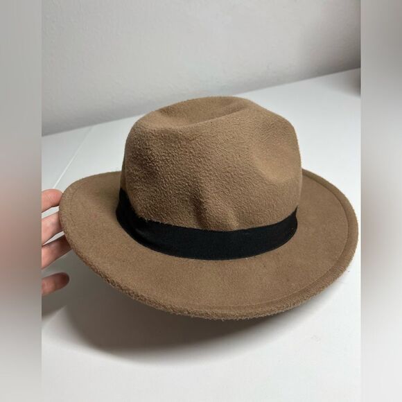 H&M Large Felt Flat Brim Fedora Winter Cap Wide Matching Hat Band Sz M/58 - Picture 3 of 7